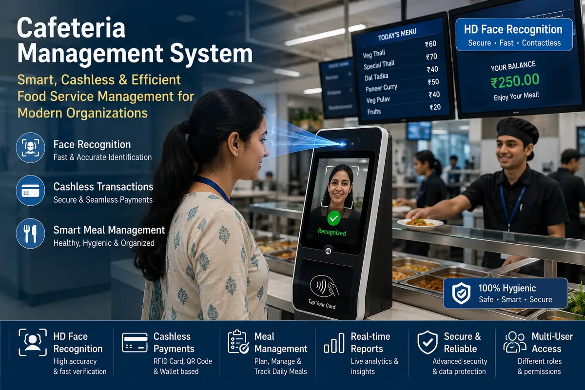 Employee verified by an HD face recognition terminal at a cafeteria counter, with feature highlights for cashless payments, meal management and real-time reports