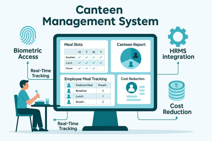 Canteen management system diagram with biometric access, meal slots, employee meal tracking, HRMS integration and cost reduction