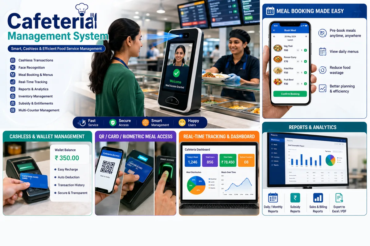 Cafeteria system overview showing face recognition meal access, mobile meal booking, cashless wallet, QR and biometric access, real-time tracking and analytics reports