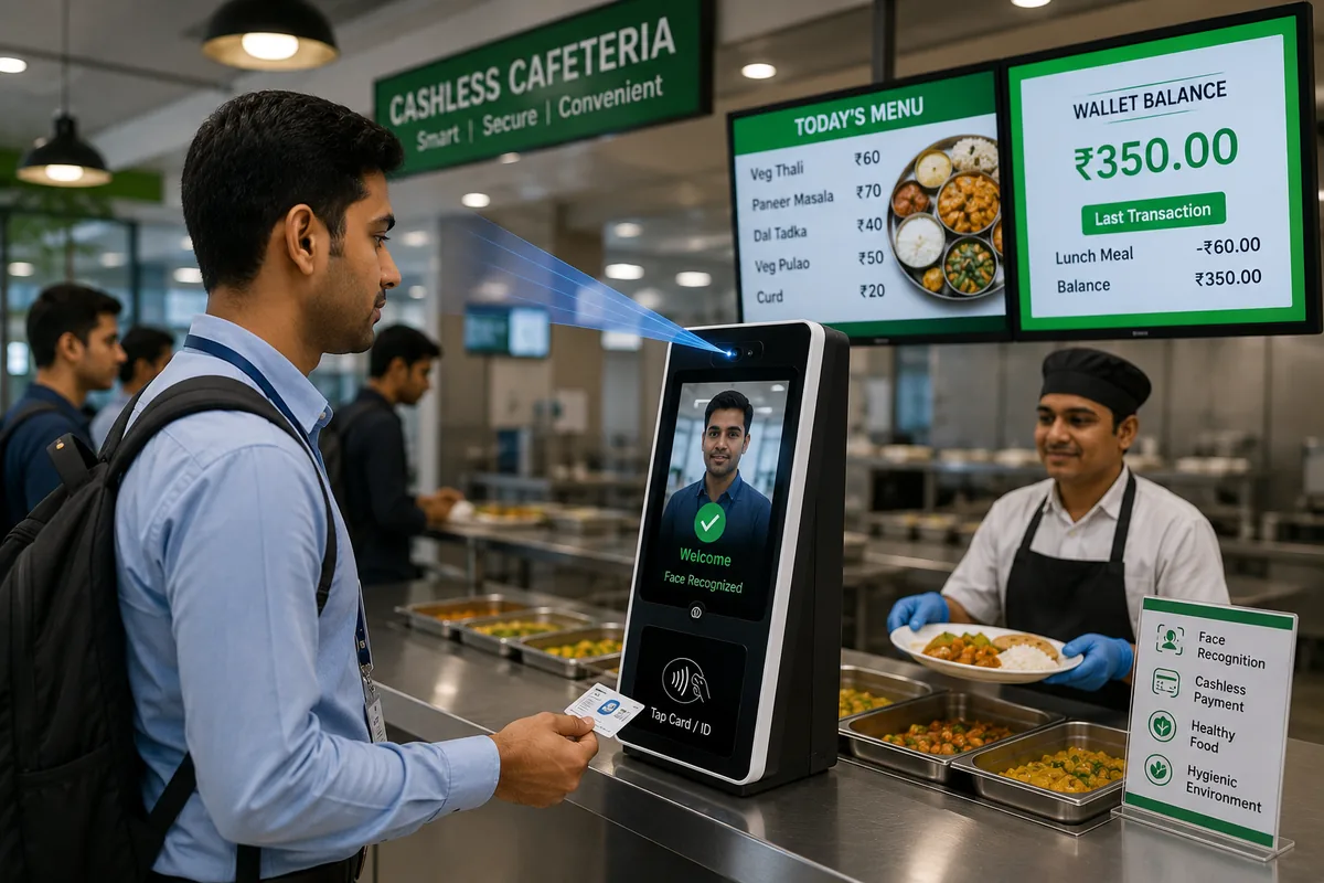 Employee scanning his face at a meal terminal while staff hand over a plate, with a wallet balance screen and today's menu board behind