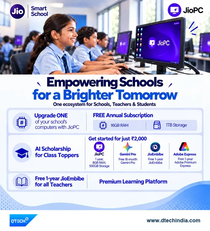 JioPC poster: Empowering schools for a brighter tomorrow. Upgrade one school computer with JioPC, an AI scholarship for class toppers and free Jio Embibe for all teachers.