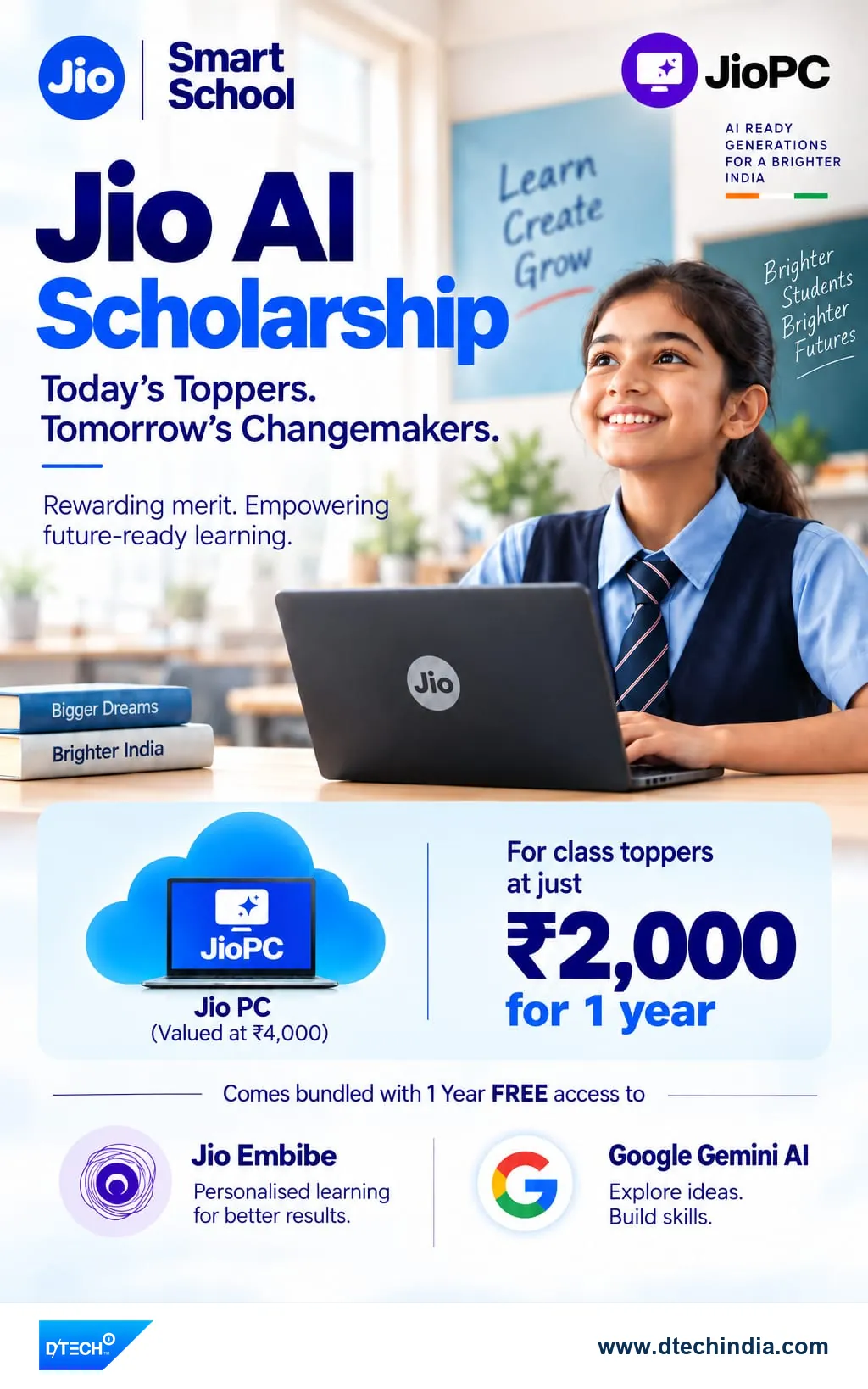 Jio AI Scholarship poster: JioPC for class toppers at Rs 2,000 for one year, valued at Rs 4,000, with free Jio Embibe and Google Gemini AI.