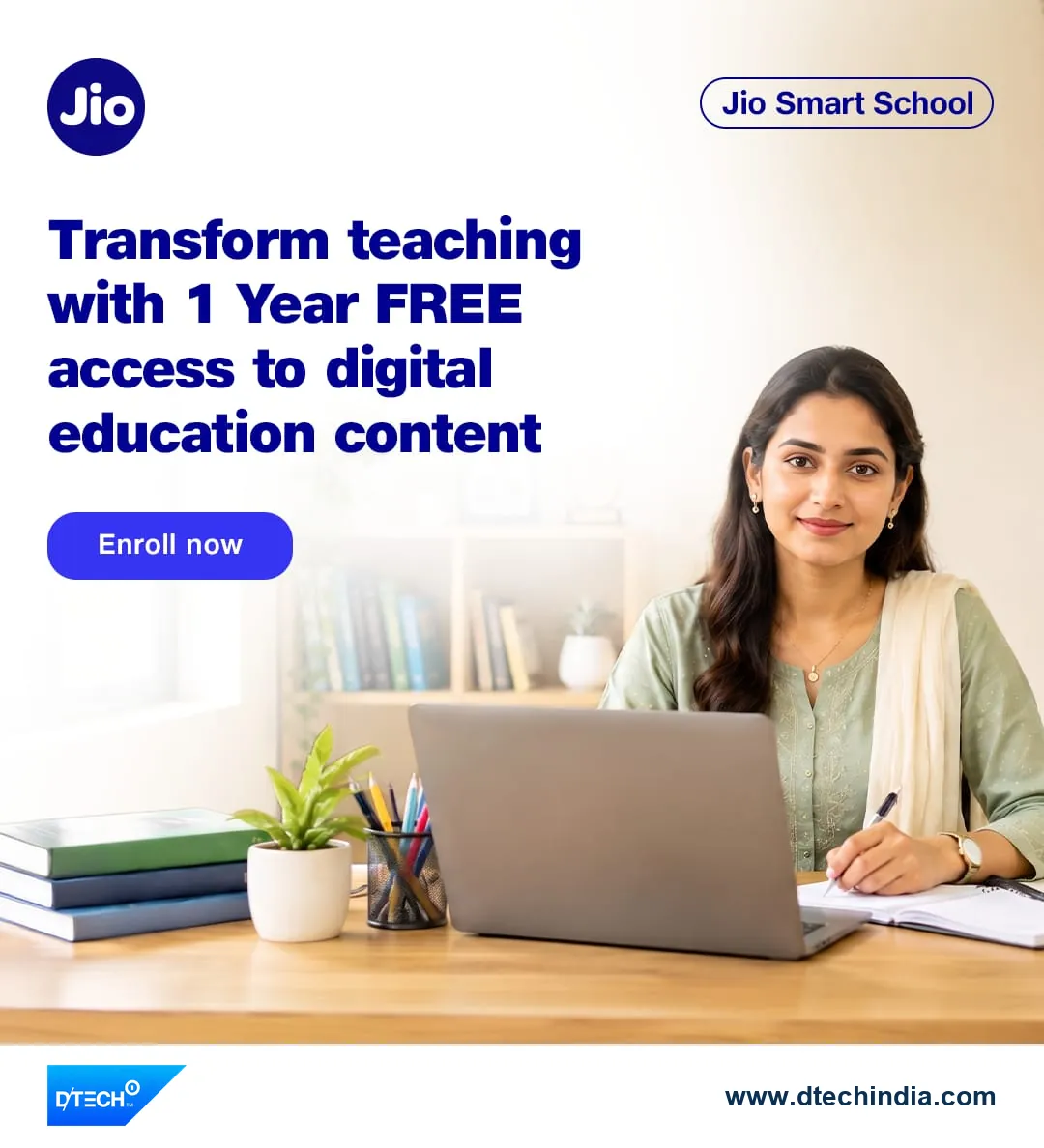 Jio Embibe poster: Transform teaching with 1 year free access to digital education content.