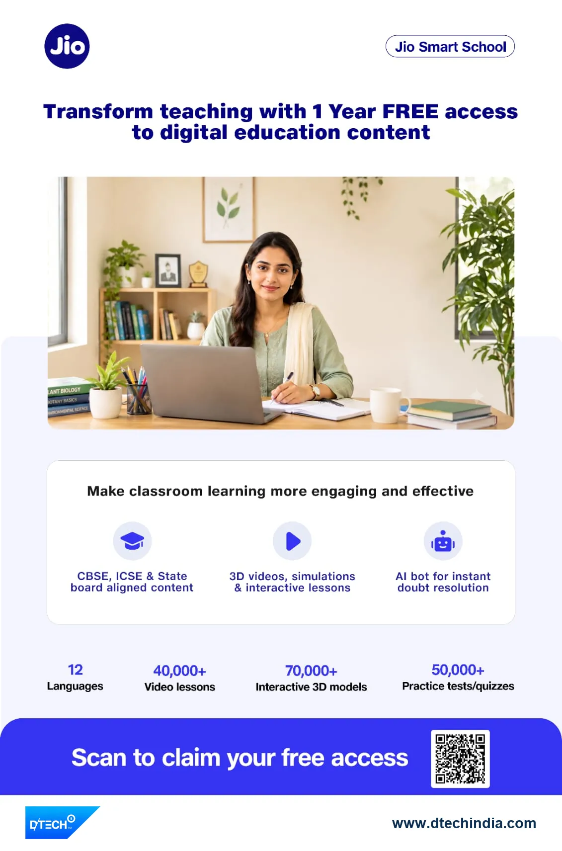 Jio Embibe poster: Transform teaching with 1 year free access to digital education content, with CBSE, ICSE and State board content, 3D videos and an AI doubt bot.