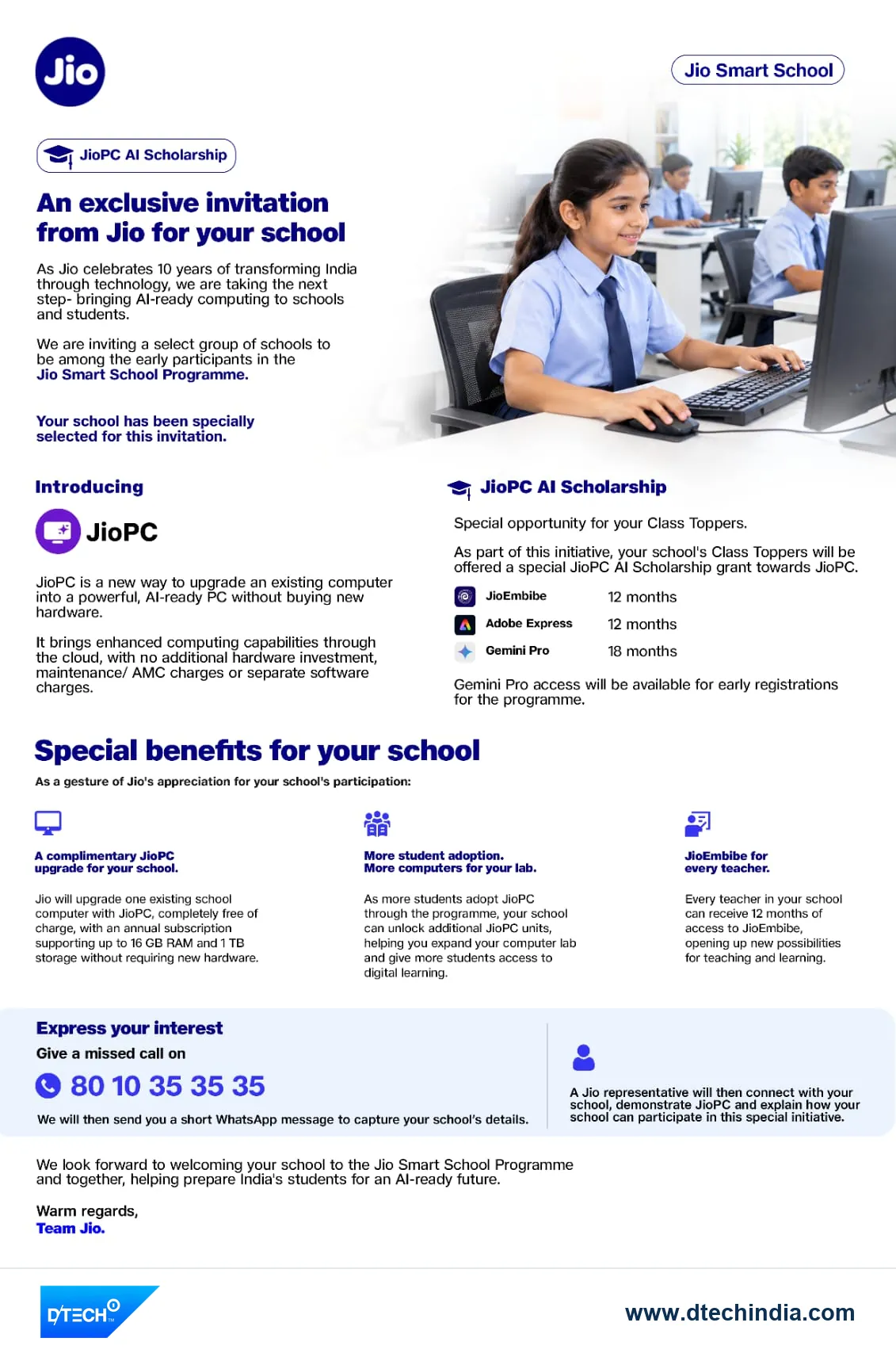 Jio letter to schools: an exclusive invitation to join the Jio Smart School programme, introducing JioPC and the JioPC AI Scholarship.