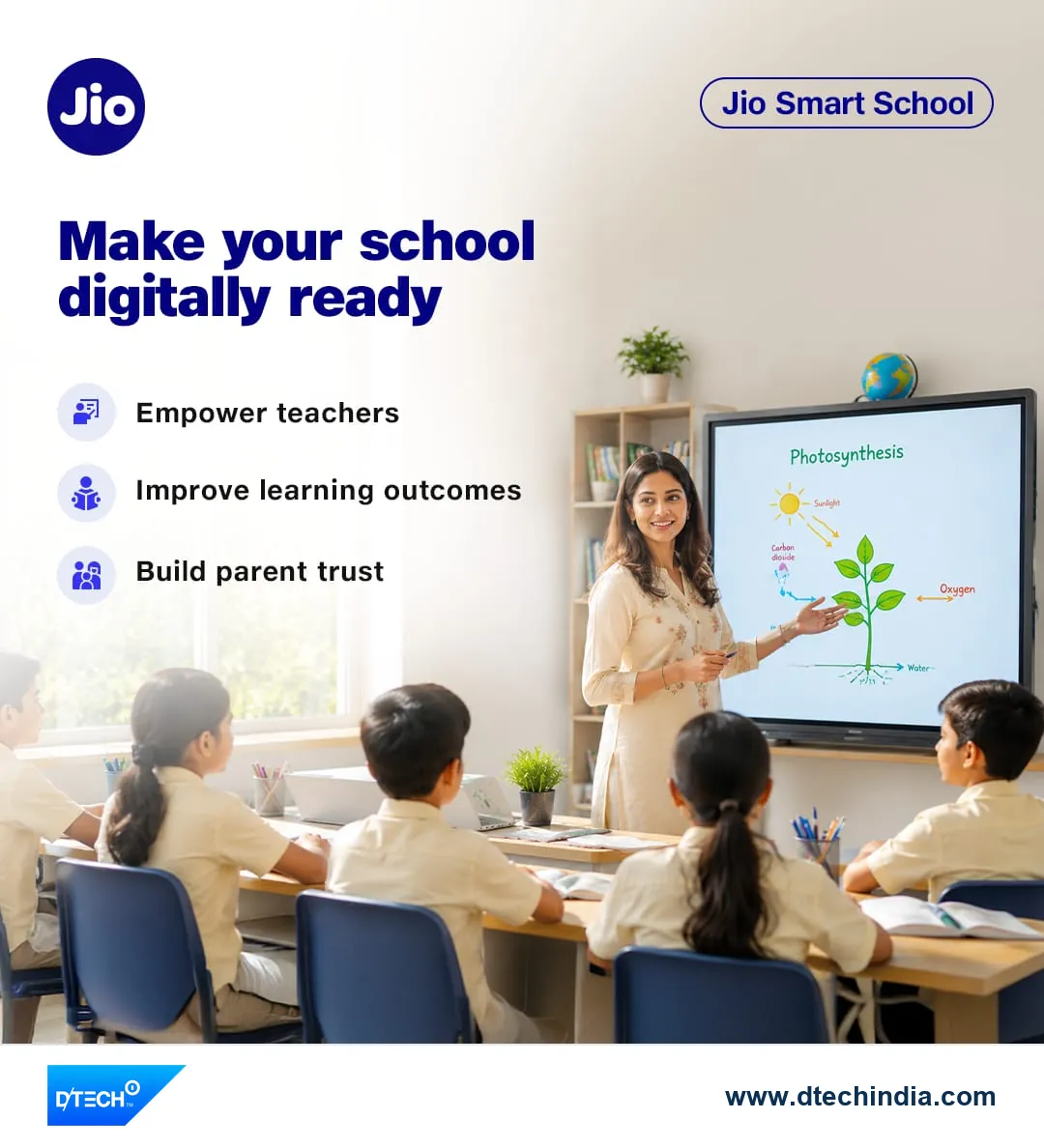 Jio Smart School poster: Make your school digitally ready. Empower teachers, improve learning outcomes and build parent trust.