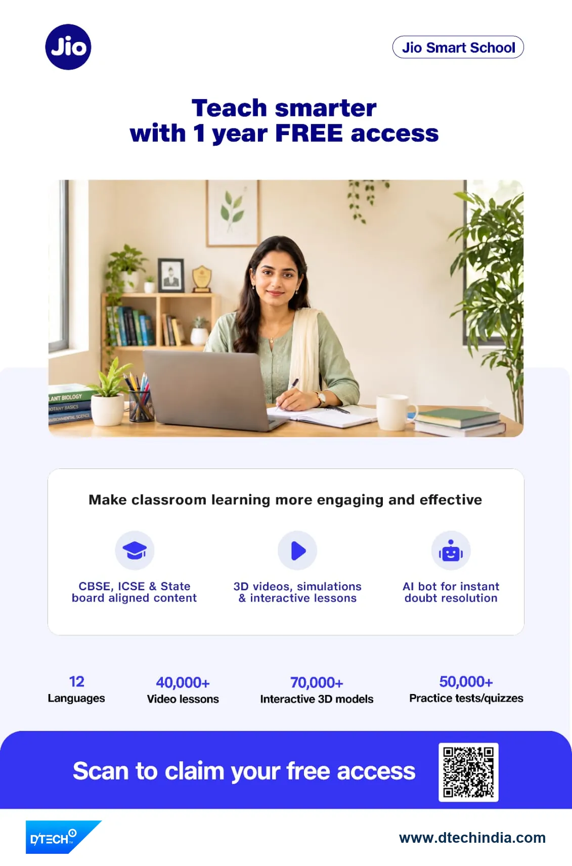 Jio Embibe poster: Teach smarter with 1 year free access. 40,000+ video lessons, 70,000+ interactive 3D models and 50,000+ practice tests in 12 languages.