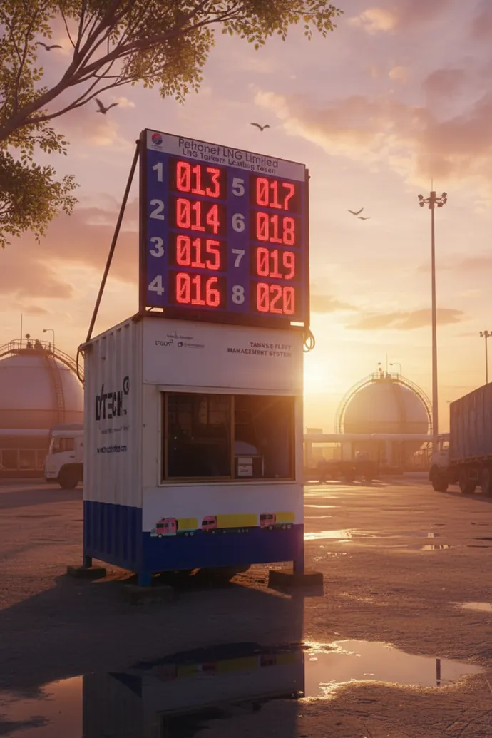 TFMS cabin and LED token board at a gas terminal at sunset