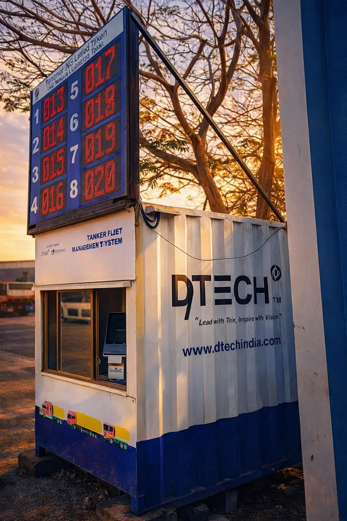 D-TECH branded TFMS cabin with the LED token board mounted above the kiosk window