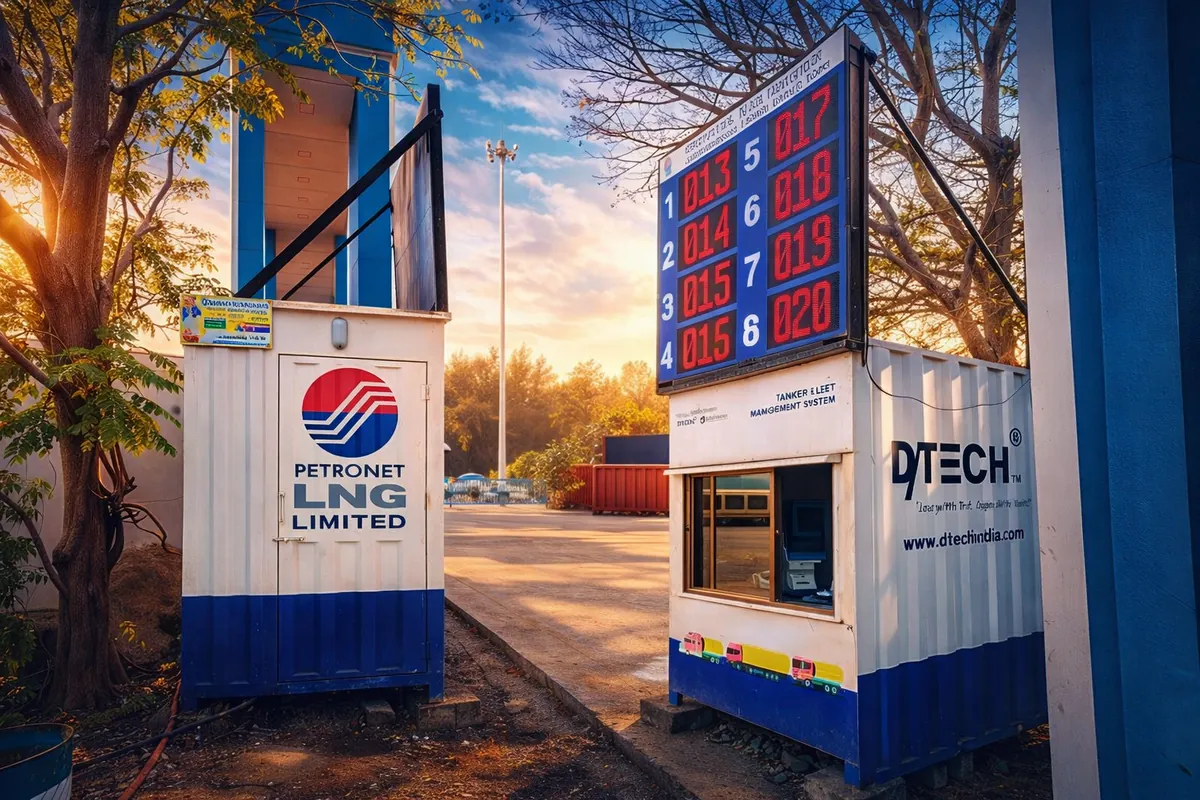 Petronet LNG cabin beside the D-TECH TFMS cabin and LED token board at a terminal gate