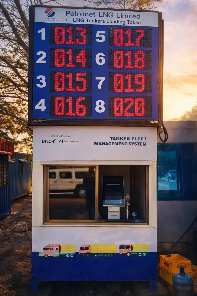 TFMS cabin with an LED board showing Petronet LNG tanker loading token numbers above the kiosk window